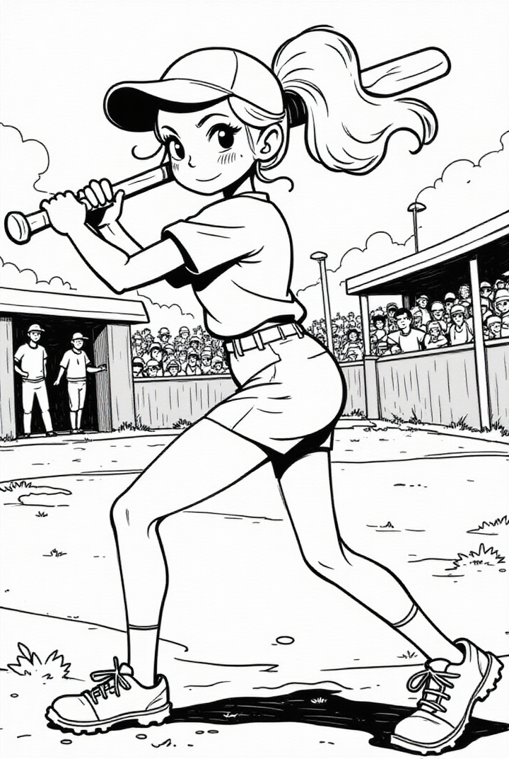 Página para colorir garota no jogo de beisebol