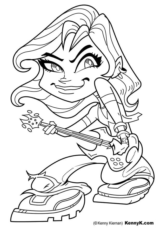 Página para colorir menina com uma guitarra 