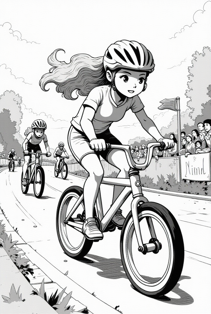 Página para colorir menina na corrida de bicicleta 