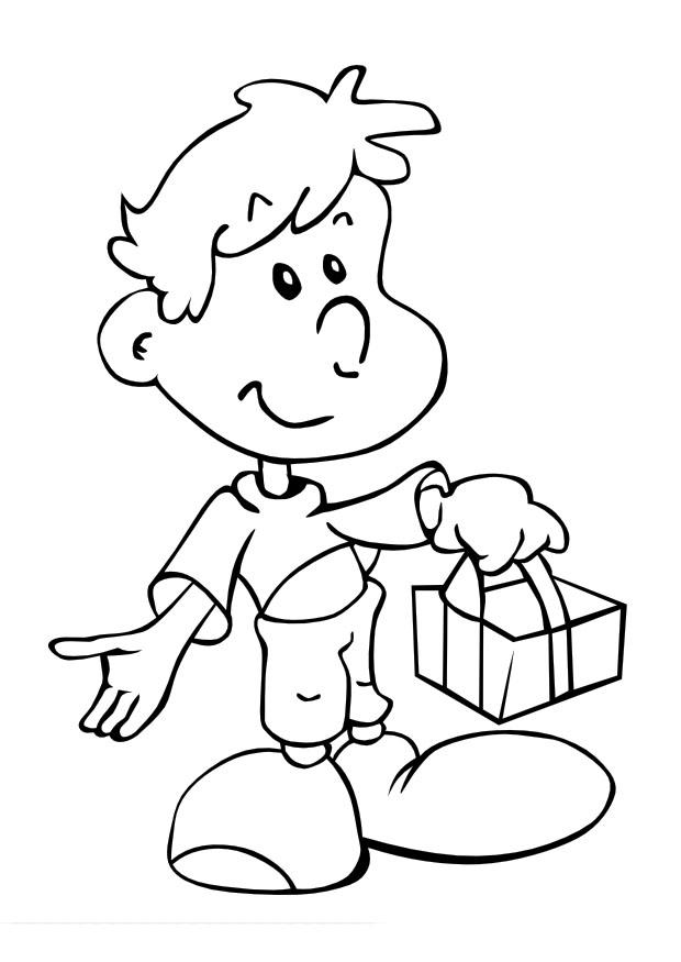 Página para colorir menino com um presente