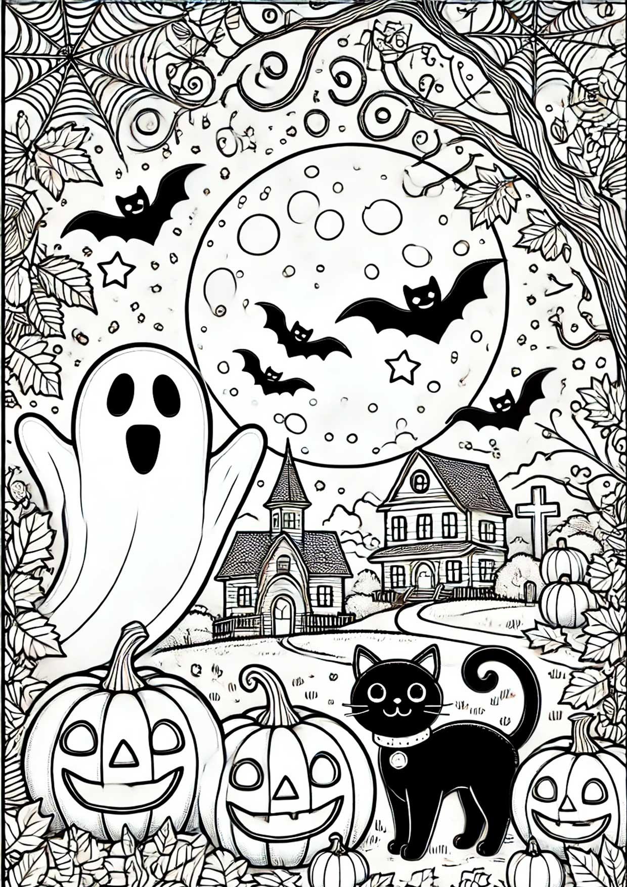 Página para colorir paisagem de halloween