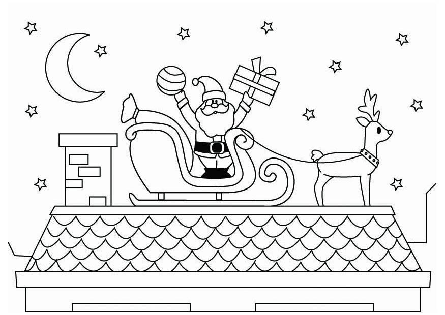 Página para colorir papai noel no telhado