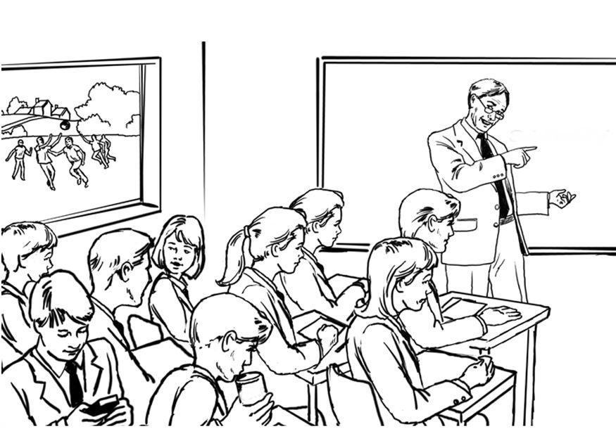 Página para colorir professora em sala de aula