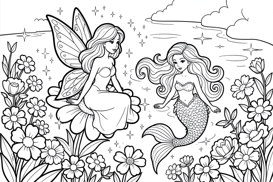 sereia e fada Página para colorir sereia e fada