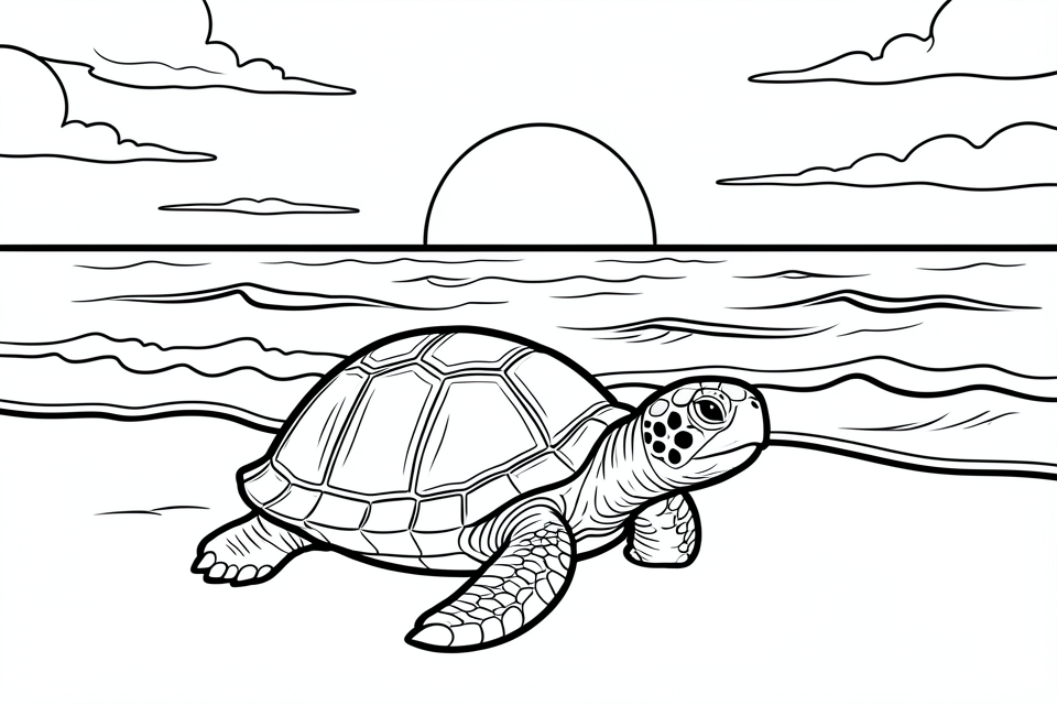 tartaruga na praia com um lindo pA´r do sol. Página para colorir tartaruga na praia com um lindo pA´r do sol.
