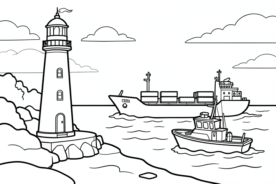 um farol no porto com navios no mar Página para colorir um farol no porto com navios no mar