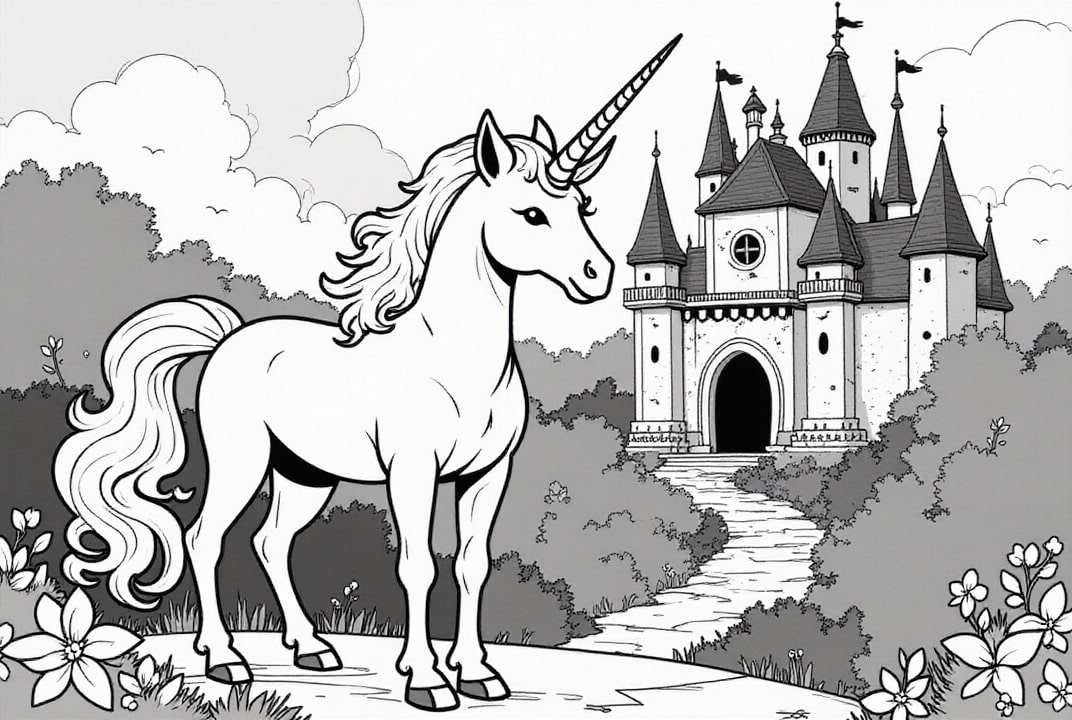 Página para colorir unicA³rnio para castelo mA¡gico