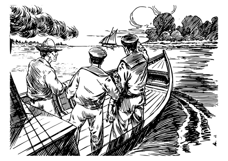 Página para colorir 3 homens em um barco