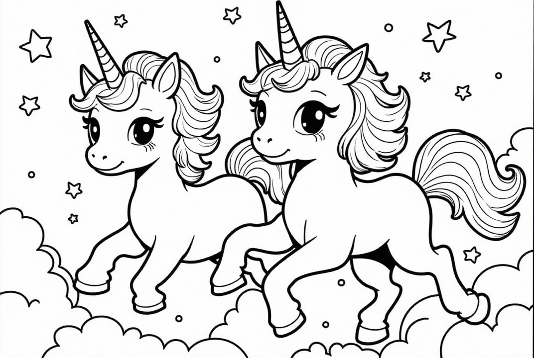 Página para colorir amigos unicÃ³rnios voam para as estrelas