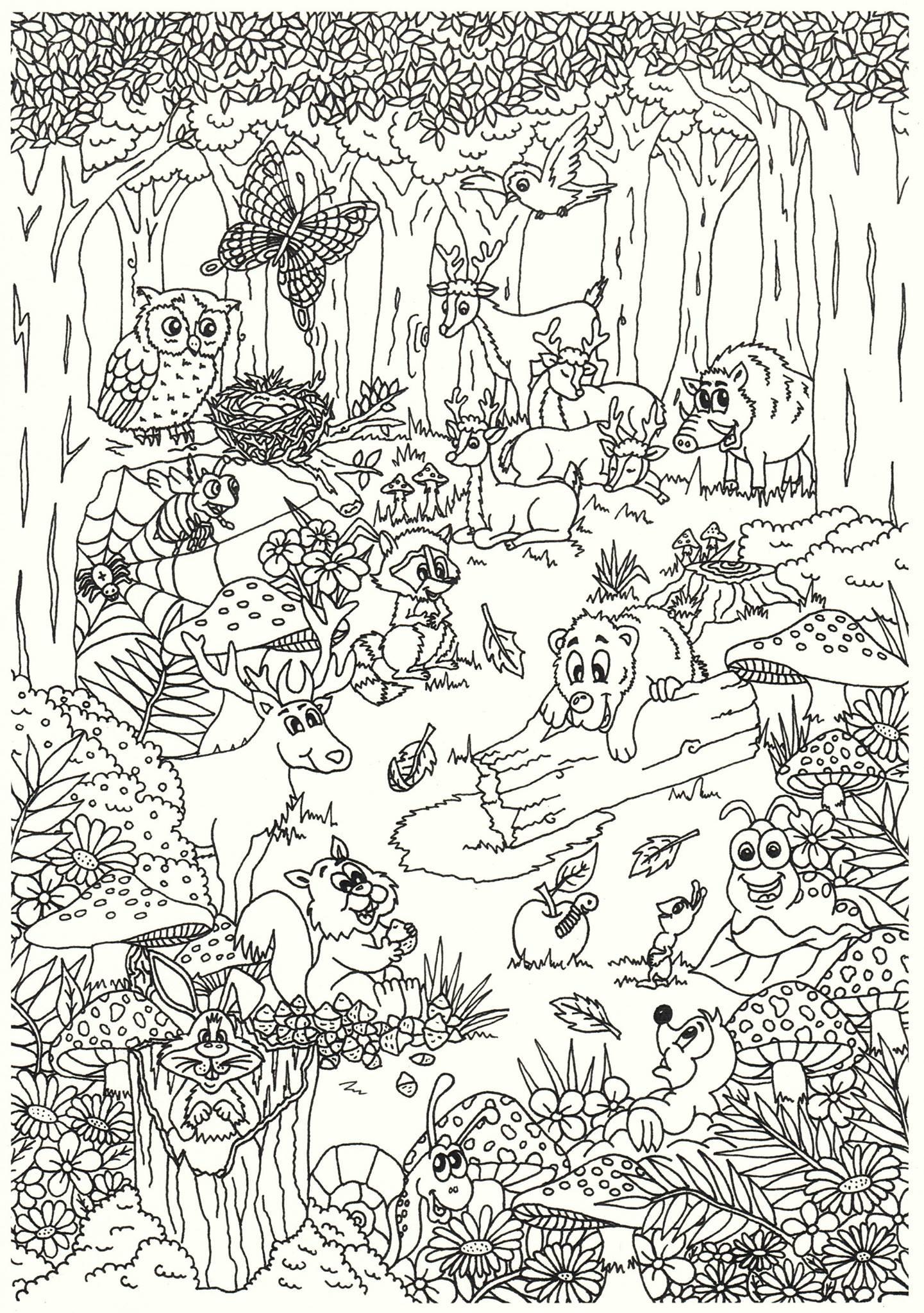 Página para colorir animais na floresta