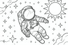 Página para colorir astronauta no espaço com estrelas e o sol