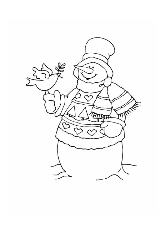 Página para colorir boneco de neve com um passarinho