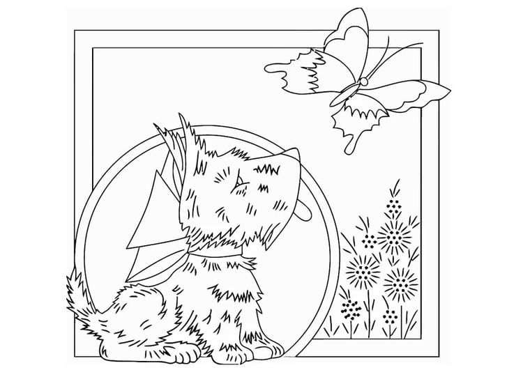 Página para colorir cachorrinho com uma borboleta 
