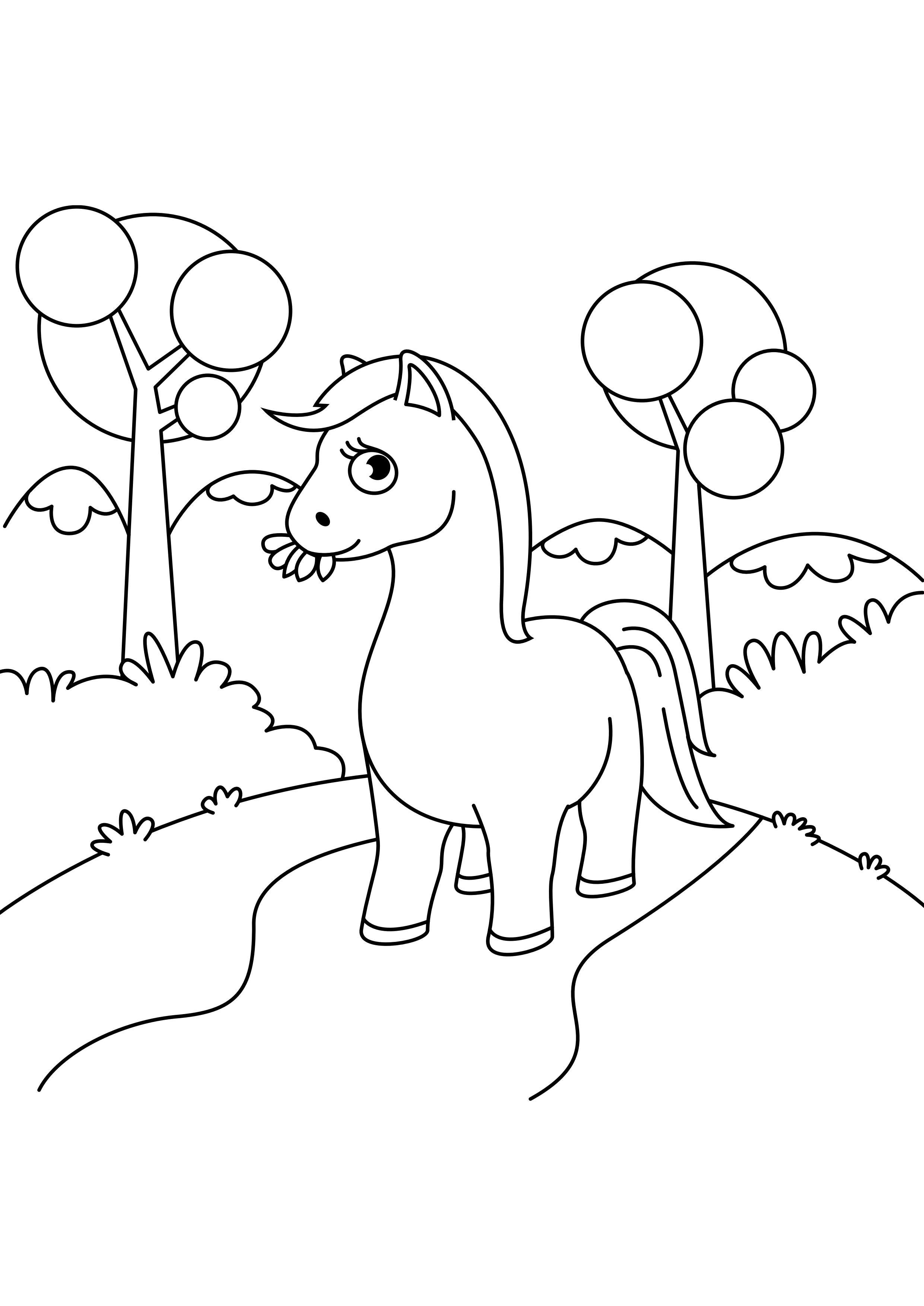 Página para colorir cavalo na floresta