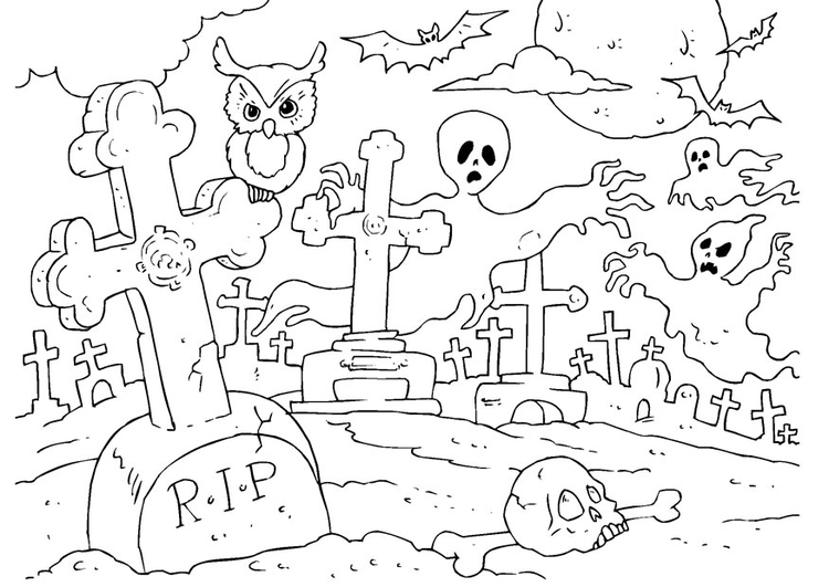 Página para colorir cemitÃ©rio de Halloween