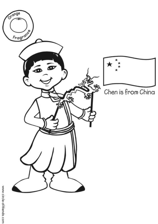 Página para colorir Chen com a bandeira chinesa 