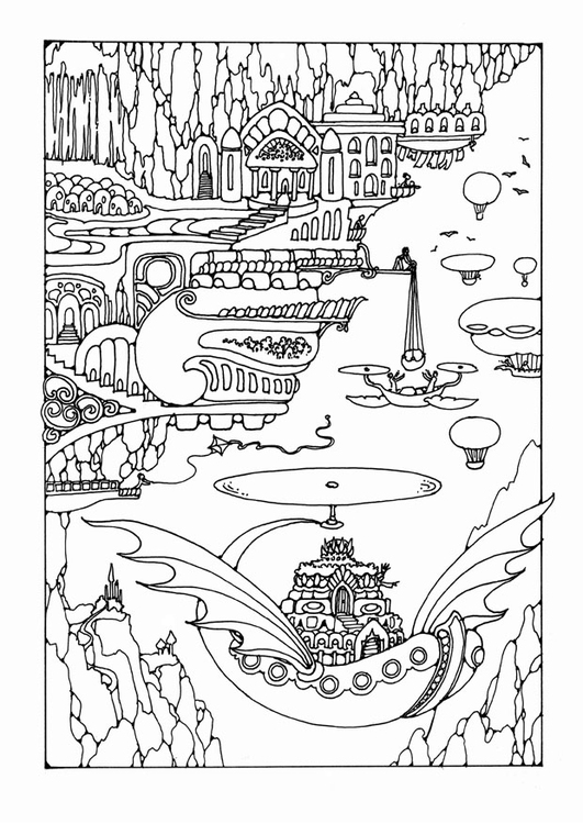 Página para colorir cidade de contos de fadas com veÃ­culos 