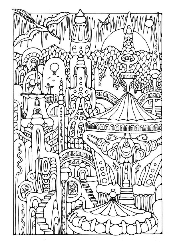 Página para colorir cidade de contos de fadas 