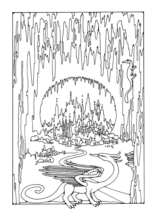 Página para colorir cidade na gruta