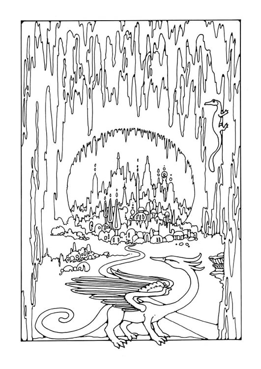 Página para colorir cidade na gruta 