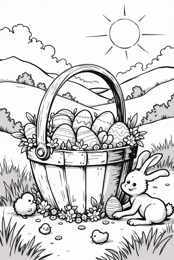 Página para colorir Coelhinho da PÃ¡scoa com cesta de PÃ¡scoa