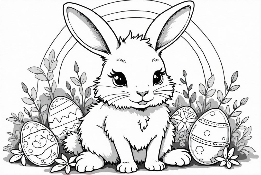 Página para colorir coelhinho da pÃ¡scoa com ovos de pÃ¡scoa no jardim