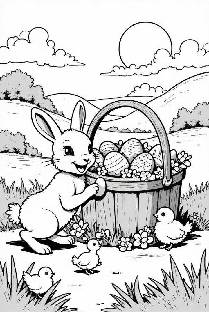 Página para colorir Coelhinho da PÃ¡scoa com pintinhos