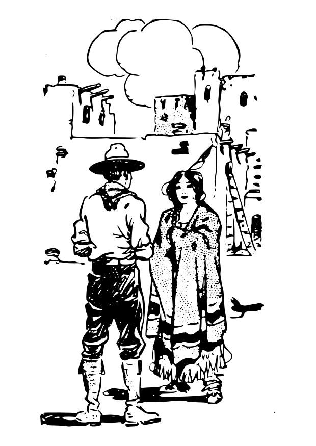 Página para colorir cowboy com sua mulher 