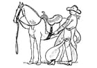 Página para colorir cowboy encilhando o cavalo 