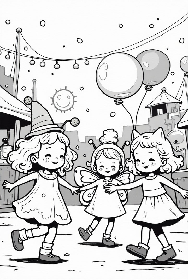 Página para colorir crianÃ§as com balÃµes comemorando o carnaval