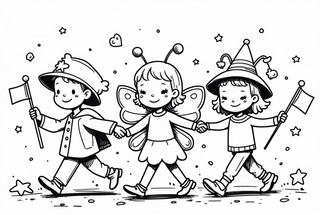 Página para colorir crianÃ§as com bandeiras no carnaval
