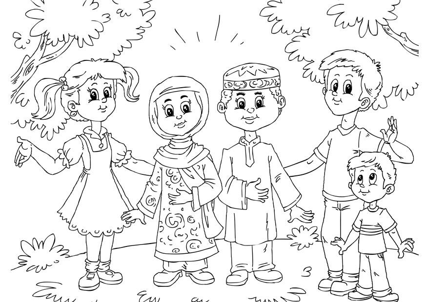 Página para colorir crianÃ§as muÃ§ulmanas ao lado de crianÃ§as ocidentais