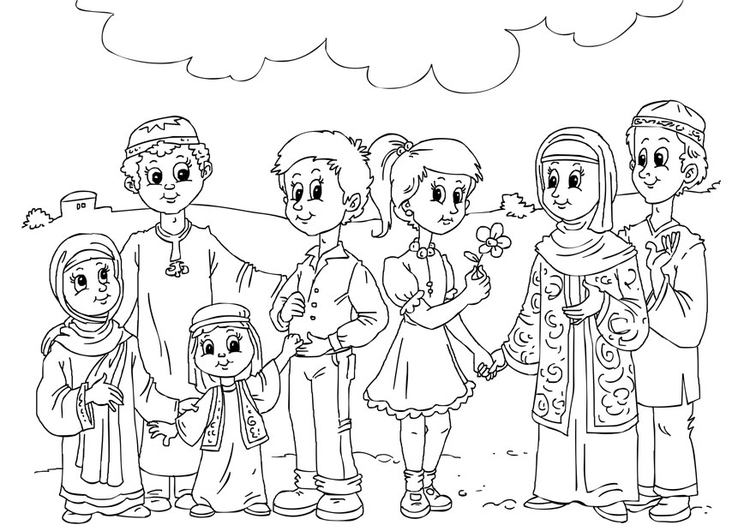 Página para colorir crianÃ§as ocidentais na cultura muÃ§ulmana