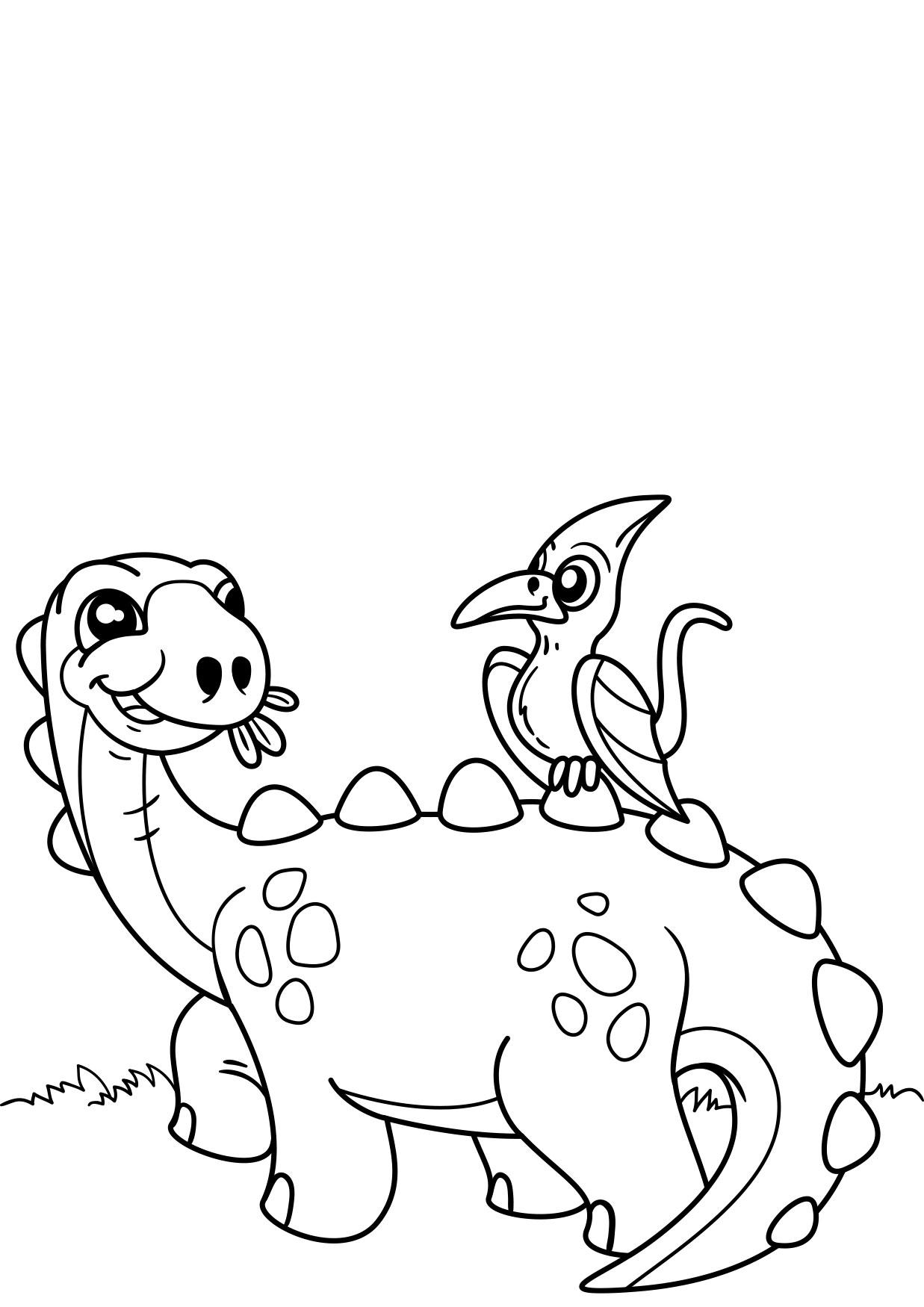 Desenhos para colorir de desenho de um dinossauro com um pássaro para  colorir 