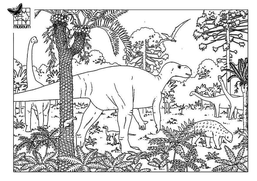 desenho de colorir para crianças, dinossauro em uma selva, de fr