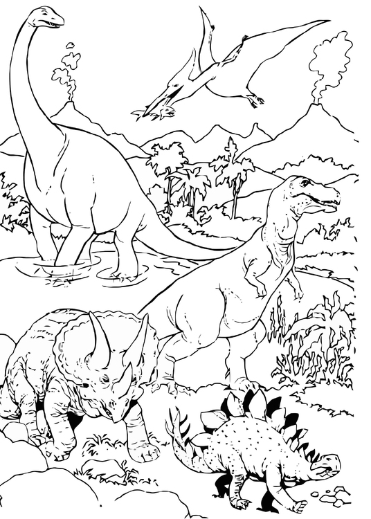 Página para colorir Dinossauros na paisagem