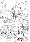 Página para colorir Dinossauros na paisagem