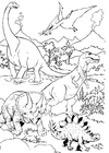 Página para colorir Dinossauros na paisagem