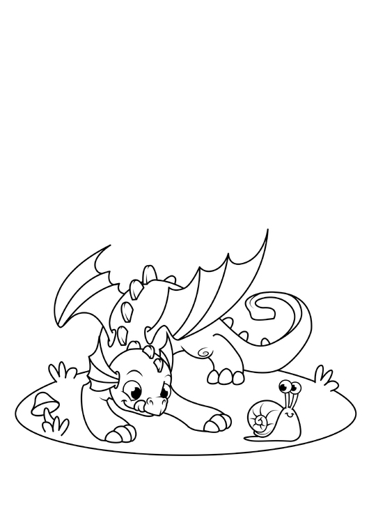 Página para colorir dragÃ£o brinca com caracol