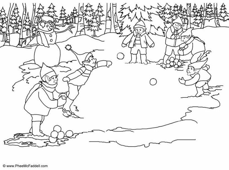 Página para colorir duendes - jogando bolas de neve