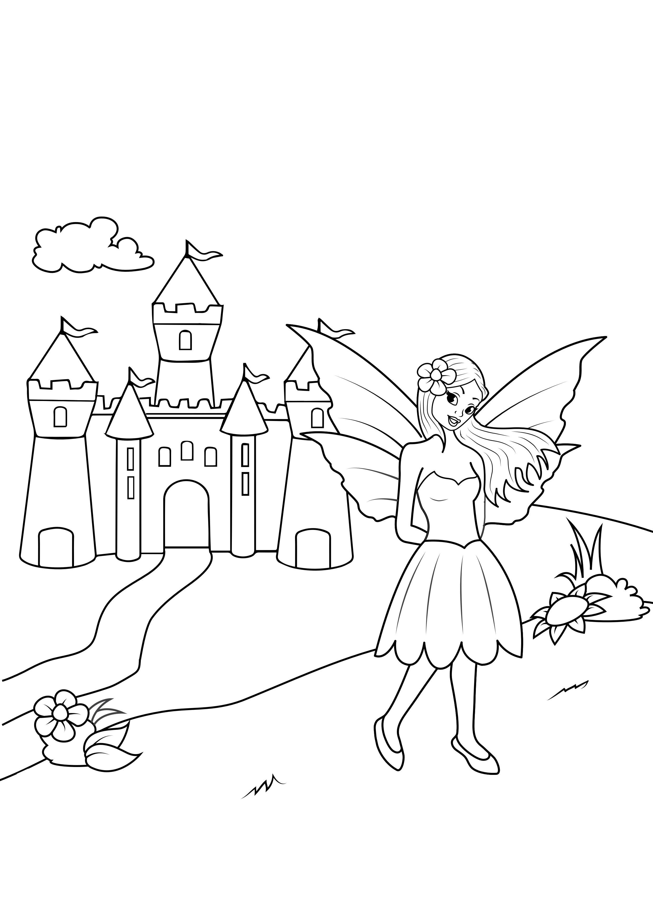 Página para colorir fada no castelo