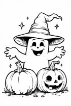 Página para colorir fantasma de halloween com abóboras