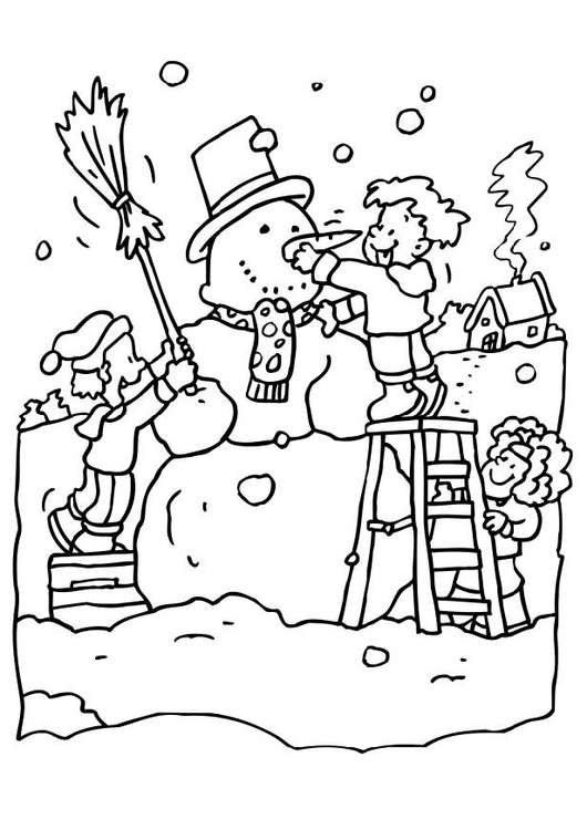 Página para colorir fazendo um boneco de neve