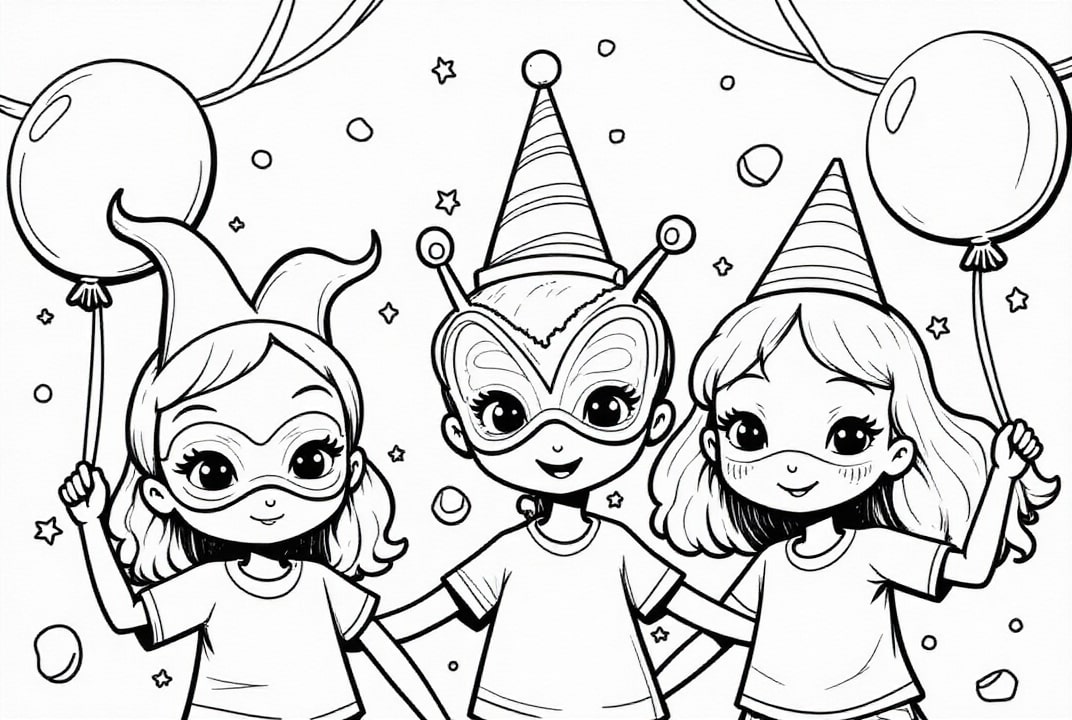 Página para colorir festa de carnaval com amigos