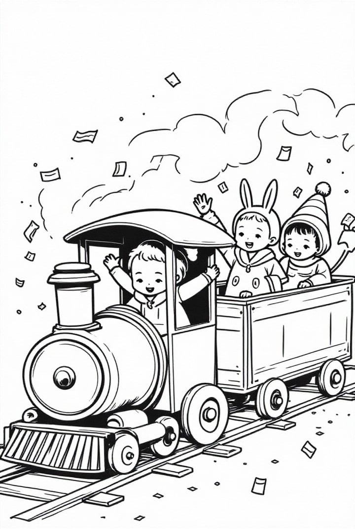 Página para colorir festa de carnaval em um trem