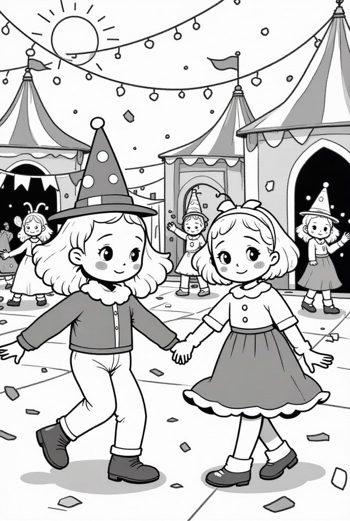 Página para colorir festa de carnaval na praÃ§a