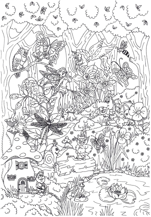 Página para colorir floresta de conto de fadas