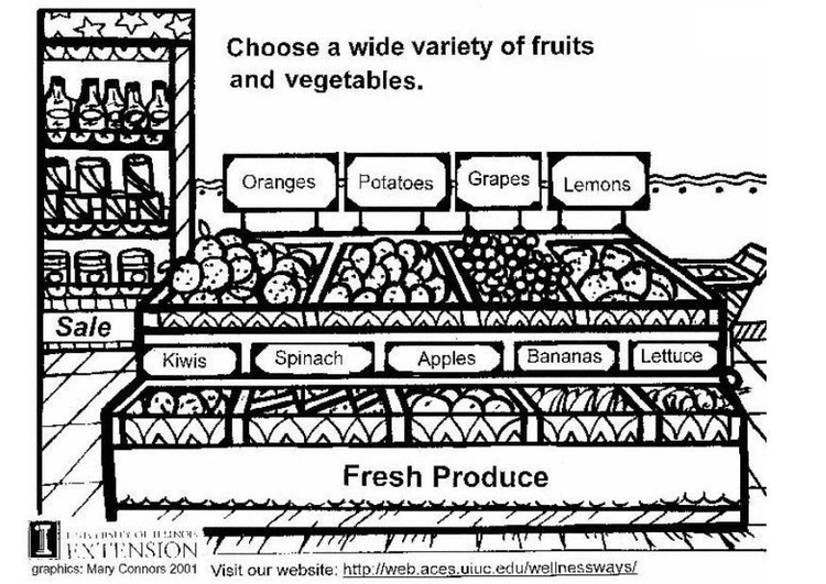 Página para colorir frutas e verduras frescas
