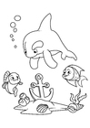 Página para colorir golfinho e peixe com Ã¢ncora
