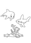 Página para colorir golfinho e tubarÃ£o